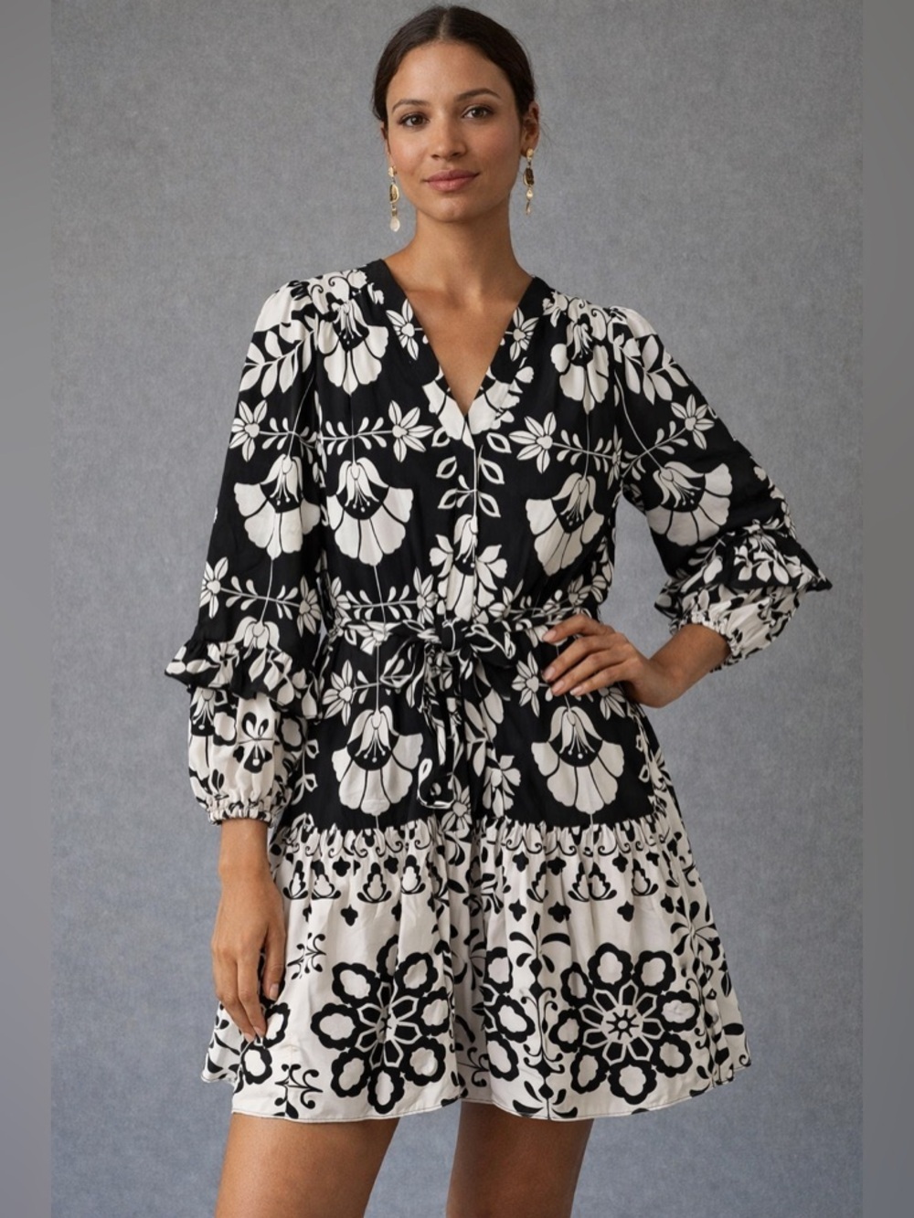 Kobi Halperin Margie Dress Medium NWT Black White Floral Silk Blend Tiered Mini